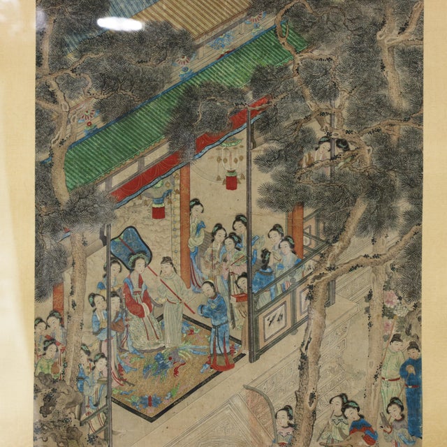 Mid 20th Century Vintage Chinese Framed Painting of Pavilion Garden Scene With Figures and Mountain Landscape For Sale - Image 5 of 10