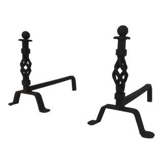 Twisted Wrought Iron Andirons, French, circa 1940 - A Pair For Sale