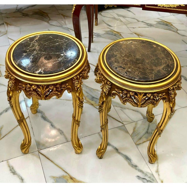 Italian Italian Style Side Table Set With Dark Brown Marble Top & Gold Accents For Sale - Image 3 of 4