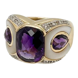 Vintage Owl/Parrot Bird Cocktail Ring in 18k Gold, Mother of Pearl, Diamond & Amethyst Size 7