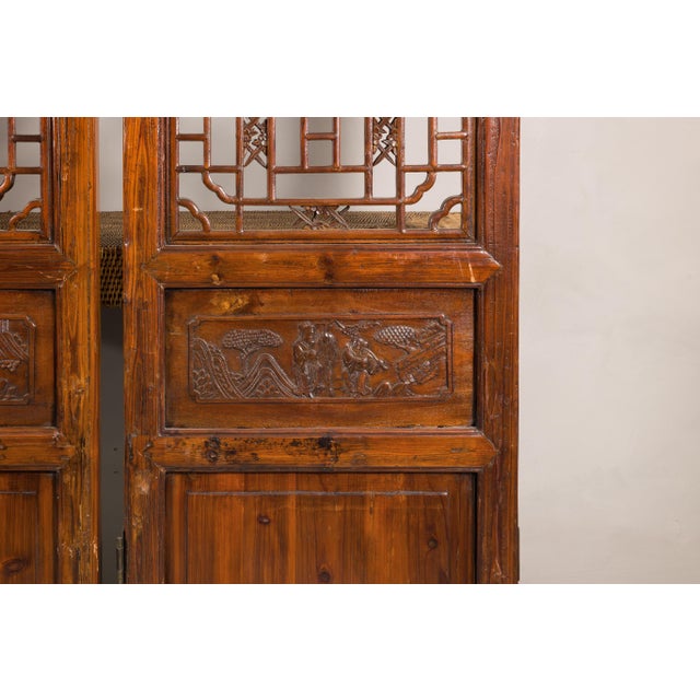 Asian Pair of Antique Chinese Carved Elm Lattice Screens with Figural Motifs For Sale - Image 3 of 18