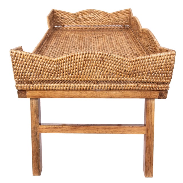 Artifacts Rattan Scallop Design Breakfast Tray with Wooden Legs, Honey Brown For Sale - Image 4 of 5