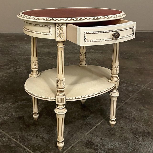 Antique French Louis XVI Painted Oval Side Table With Leather Top For Sale - Image 10 of 17