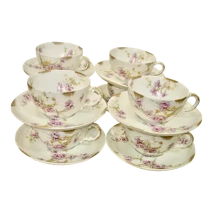 Antique Set of Theodore Haviland Limoges Tea Cups & Saucers- 16 Pieces