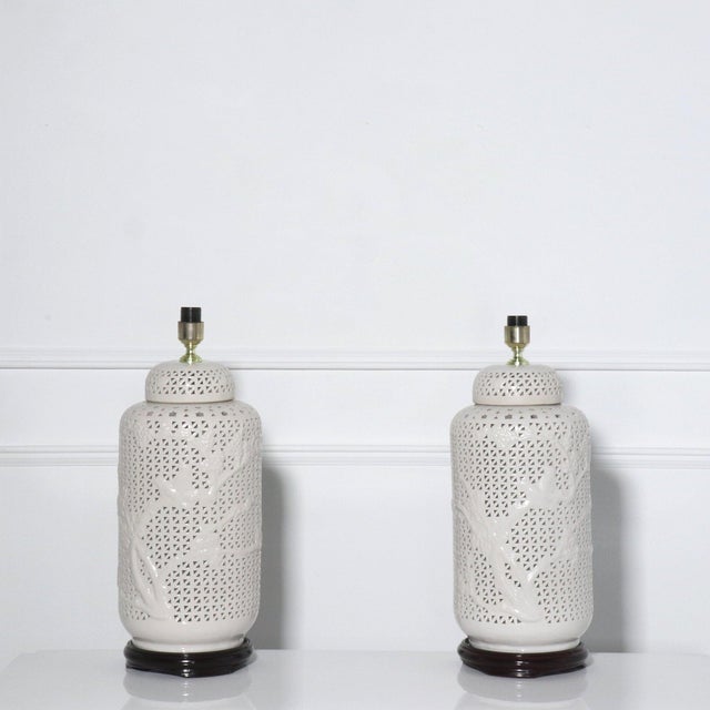 1970s Blanc de Chine Large Scale Reticulated White Ceramic Table Lamps - A Pair For Sale - Image 4 of 11