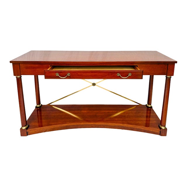 1990 Ethan Allen Medallion Collection Cherry Console Table With Brass X-Stretcher For Sale
