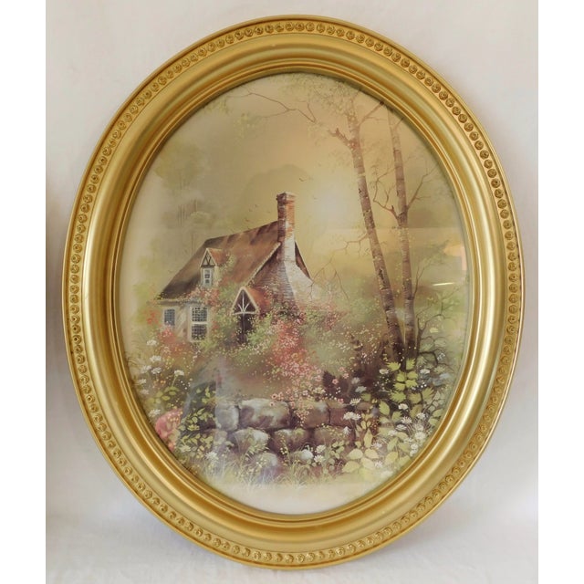 Cabin Large Pair Vintage 1970s Oval Gold Roses Syroco Floral Cabin Glass Hanging Pictures Framed Wall Decor For Sale - Image 3 of 10