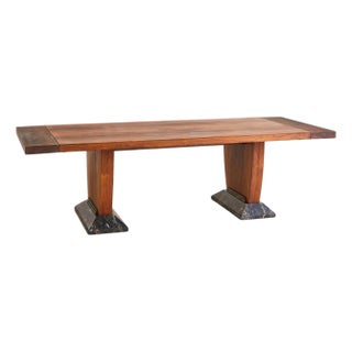 French Art Deco Extendable Wood + Black Marble Dining Table or Desk, 1940s For Sale