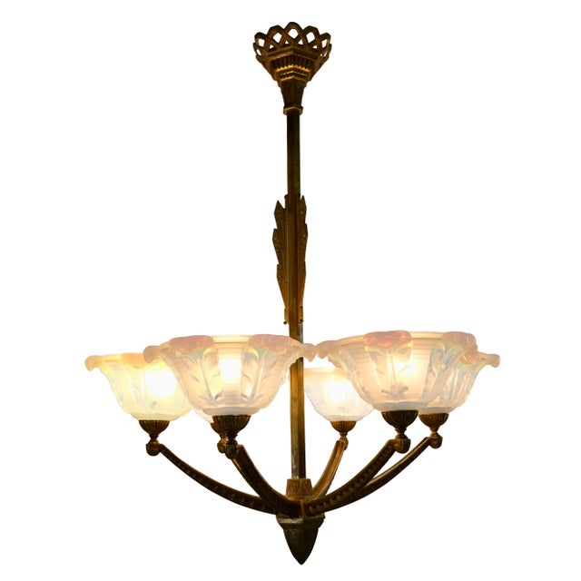 1930s Ceiling Lamp with Bronze Mount and Opalescent Glass, 1930s For Sale - Image 5 of 11