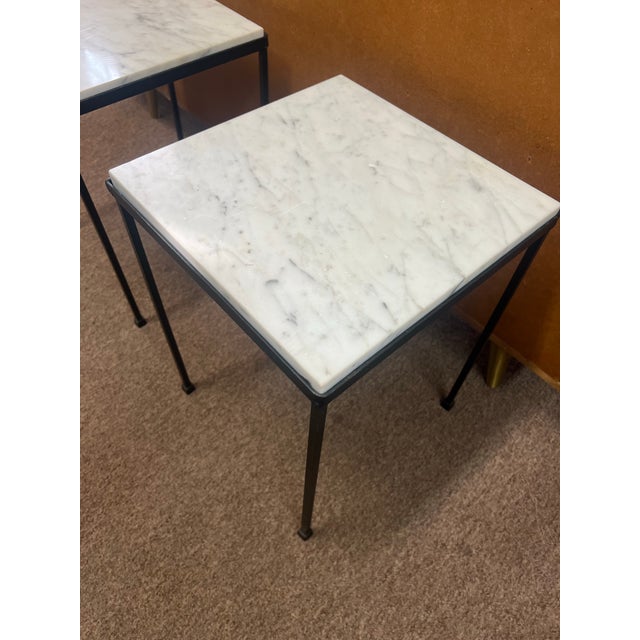 Vintage small scale wrought iron + marble top side table. Circa 1950's Minimalist design with square cut iron rod legs...