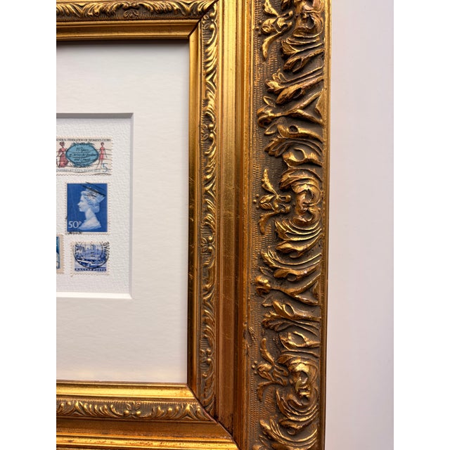 Modern Framed Vintage Postage Stamp Collage, Petites Couleurs: Bleu For Sale - Image 3 of 11
