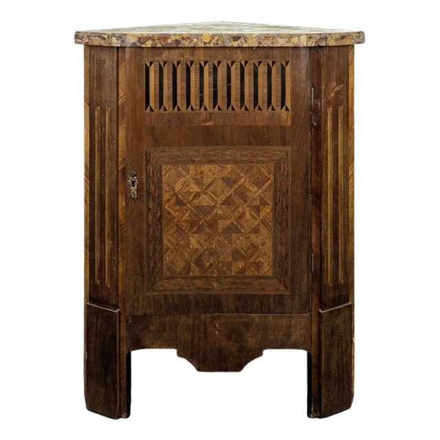 Louis XVI Style Corner Cabinet in Marquetry with Breccia Marble Top For Sale