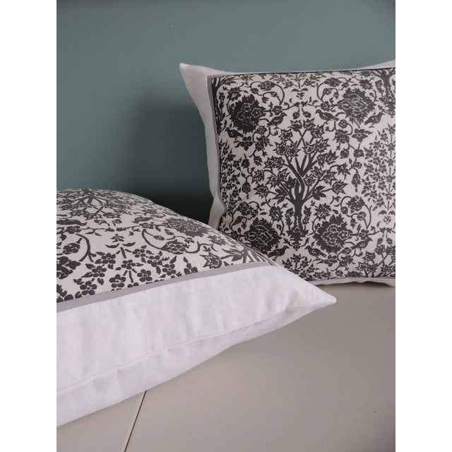 Vintage Fortuny Alderelli Fabric in Midnight and White Decorative Square Pillows- a Pair For Sale In Tampa - Image 6 of 8