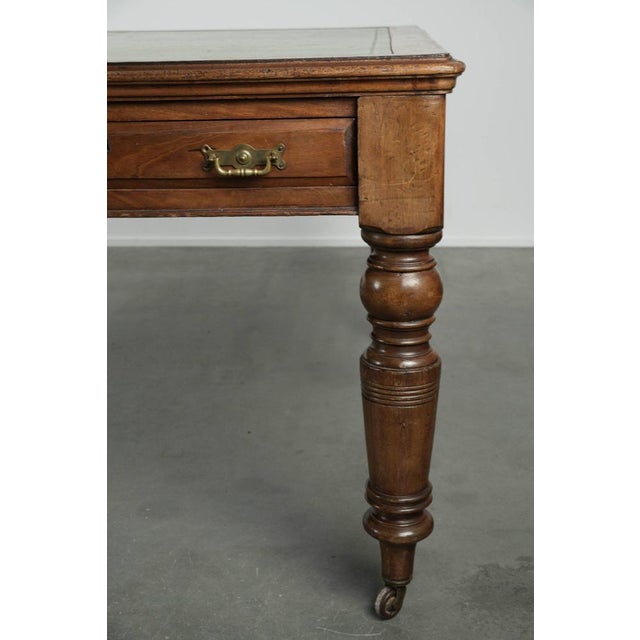 Antique English Writing Desk on Wheels with Drawers and Green Leather Top For Sale - Image 11 of 14
