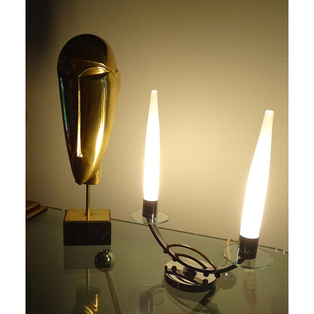 Pair of french art deco table lamps, chrome, glass and brass, opaline glass shade dimensions: h 13 in. X w 13.78 in. X d...