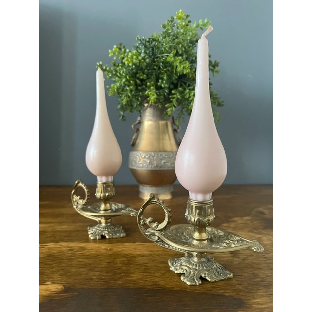 1940s Art Nouveau Brass Candle Holders & Candles- 4 Pieces For Sale - Image 4 of 12