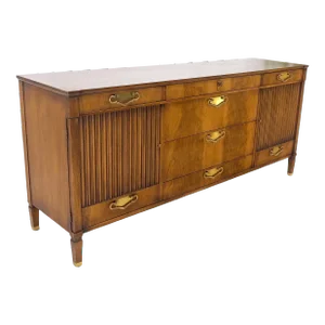 John Stuart American Mid-Century Modern Walnut Long Dresser Credenza Brass