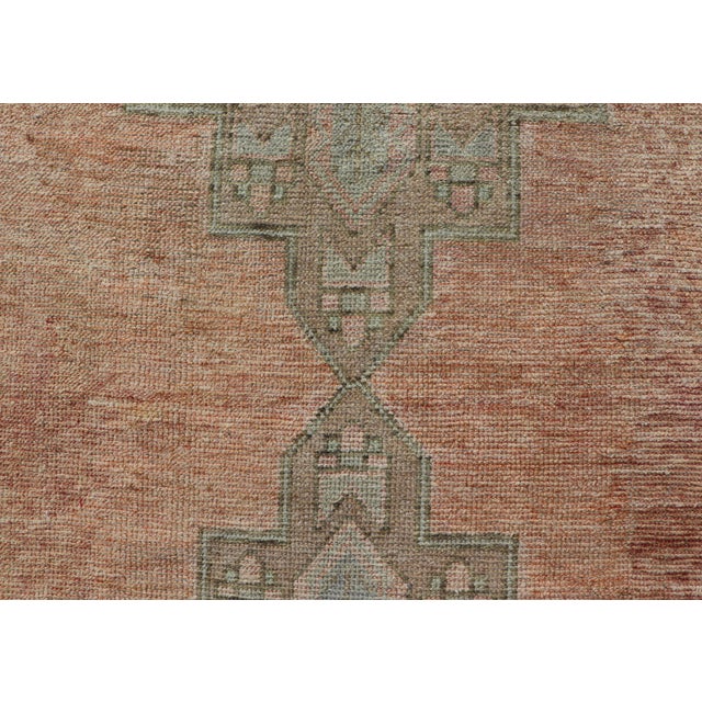 Vintage Turkish Oushak Gallery With Tribal Medallions in Soft Peach and Green For Sale - Image 9 of 13