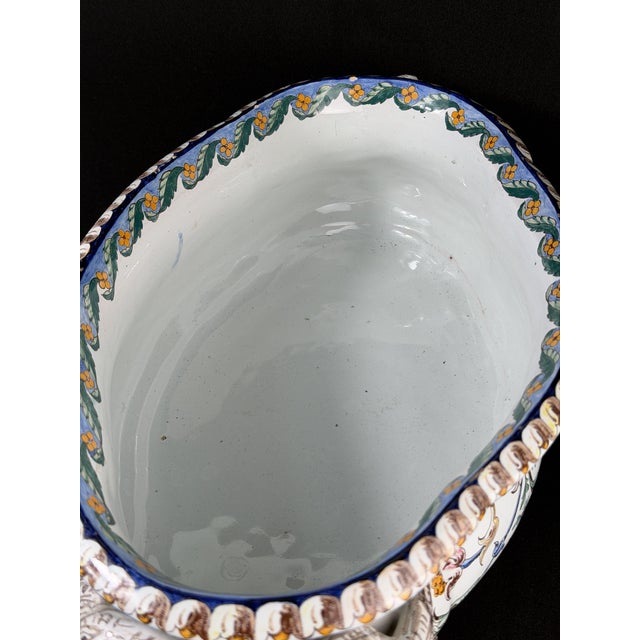Antique French Hand Painted Faience Jardiniere with Tree Branch Handles, 1880s For Sale - Image 7 of 11