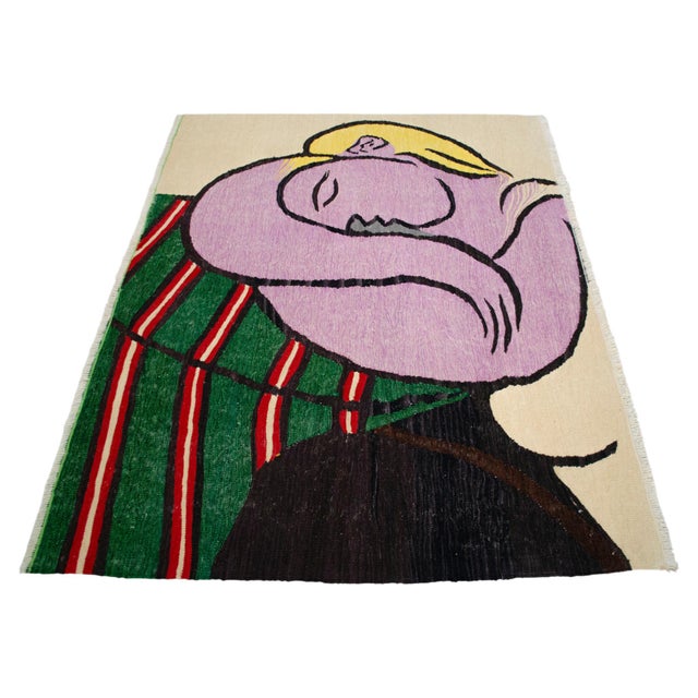 Pablo Picasso - Woman With Yellow Hair - Inspired Hand Woven Area Rug - Wall Rug , Wool 3′9″ × 5′ For Sale - Image 6 of 18