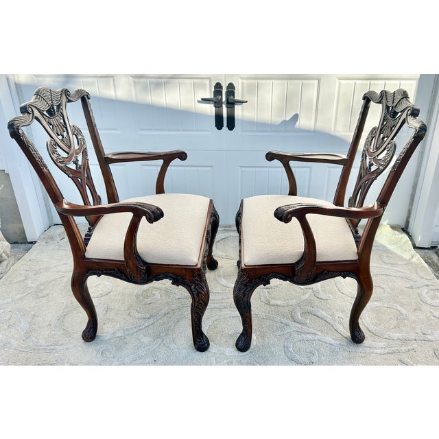 Henredon Vtg. Pair of Henredon Chippendale Heavily Carved Solid Mahogany Arm Chairs For Sale - Image 4 of 12
