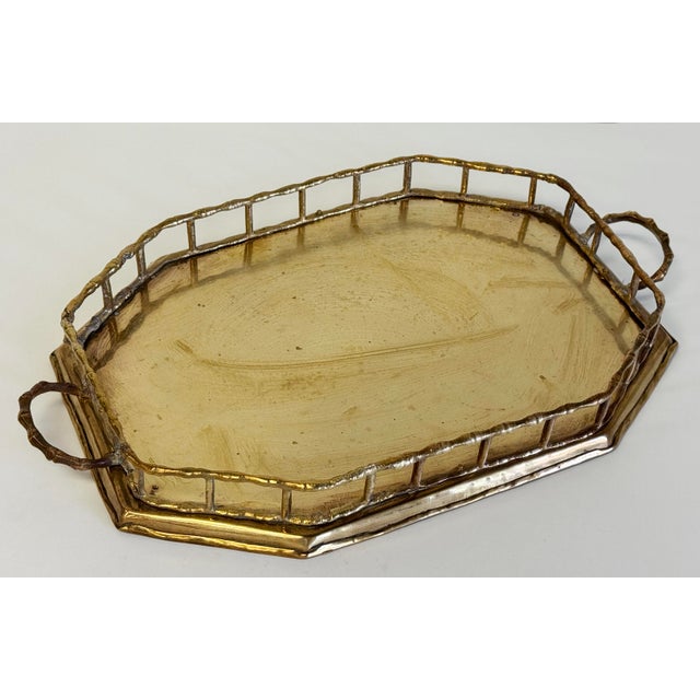 Mid 20th Century Vintage Octagonal Faux Bamboo Rail Brass Gallery Tray For Sale - Image 5 of 7