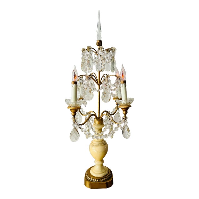Mid 20th Century Pale Yellow Onyx and Crystal Candelabra Lamp For Sale