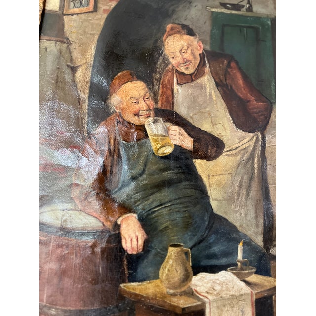 A charming antique European tavern scene oil painting depicting two elderly men sharing a quiet moment over a drink inside...