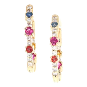 1.56 Carat Diamond Multicolor Sapphire Yellow Gold Hoop Earrings - 2 Pieces