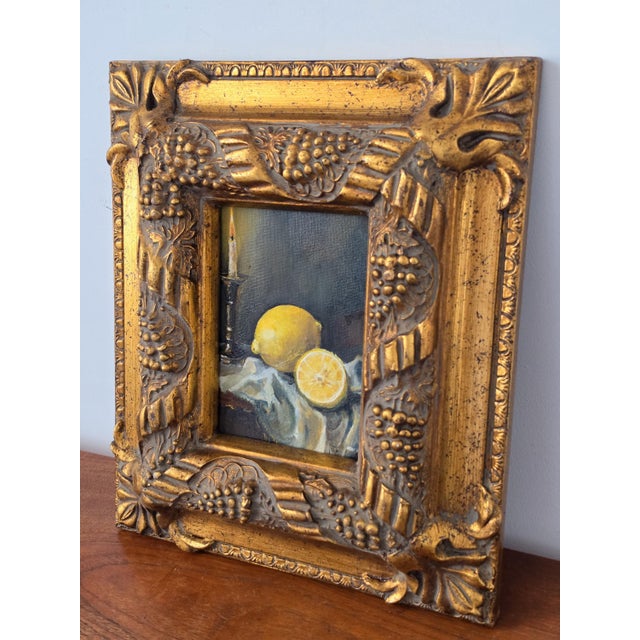 Late 20th Century Gilt Grape Motif Frame With Original Oil Painting, Lemon Still Life Art, Ornate Gold Frame, Cottage Decor For Sale - Image 11 of 13