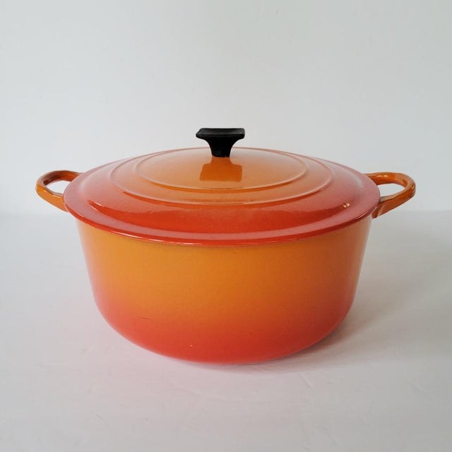 Vintage Mid Century Le Creuset Flame Orange Dutch Oven Pot With Lid