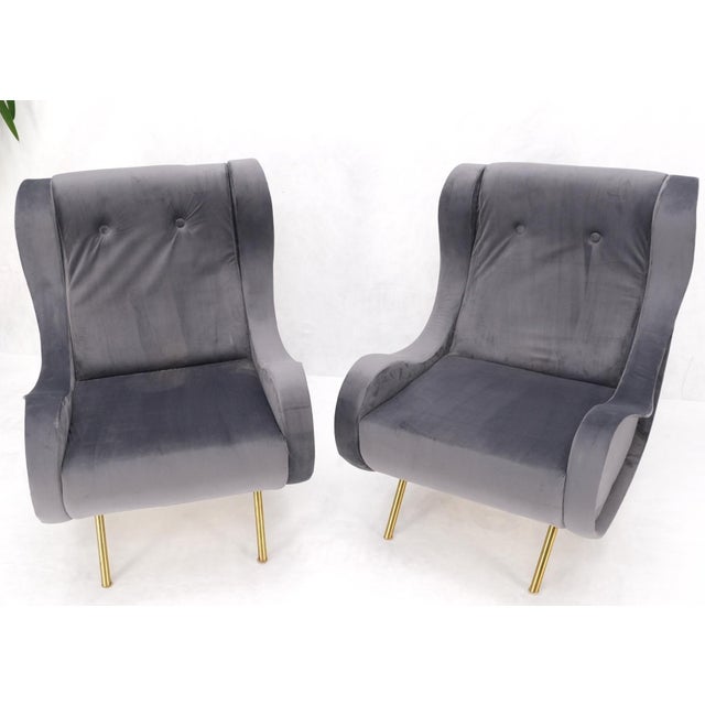 Mid 20th Century Pair Italian Mid-Century Modern Brass Legs Grey Arm Lounge Chairs For Sale - Image 5 of 17