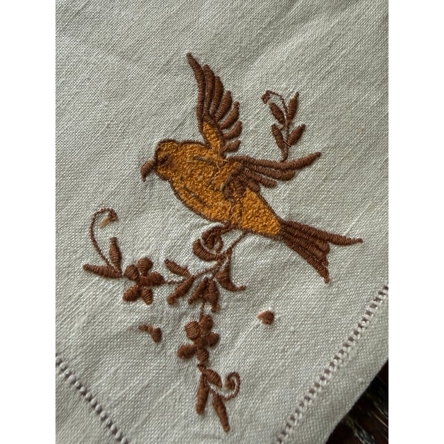 1950s Vintage Fine Linen Luncheon Napkins, Embroidered Songbird Motif, Hemstitched Ivory Linen, C. 1940s–1950s - Set of Four For Sale - Image 5 of 8