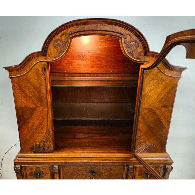 Jacobean Antique China Cabinet in Walnut by Hellam Furniture Co 1920s Rolling For Sale - Image 3 of 13