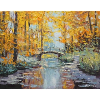 Original Oil Painting, a Stream and a Wooden Bridge in the Autumn Woods. For Sale