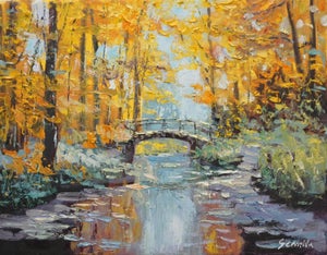 Original Oil Painting, a Stream and a Wooden Bridge in the Autumn Woods.