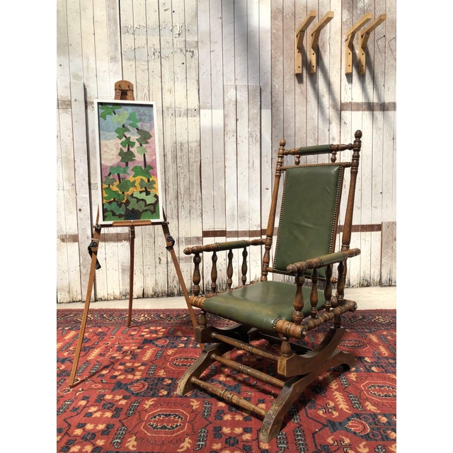 1960s Vintage Dark Green Leather Rocking Chair with High Back from Onbekend, 1950s For Sale - Image 5 of 6