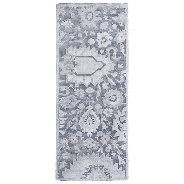 Textile Rug & Kilim's Contemporary Geometric Floral Silver Gray Wool and Silk Rug For Sale - Image 7 of 7