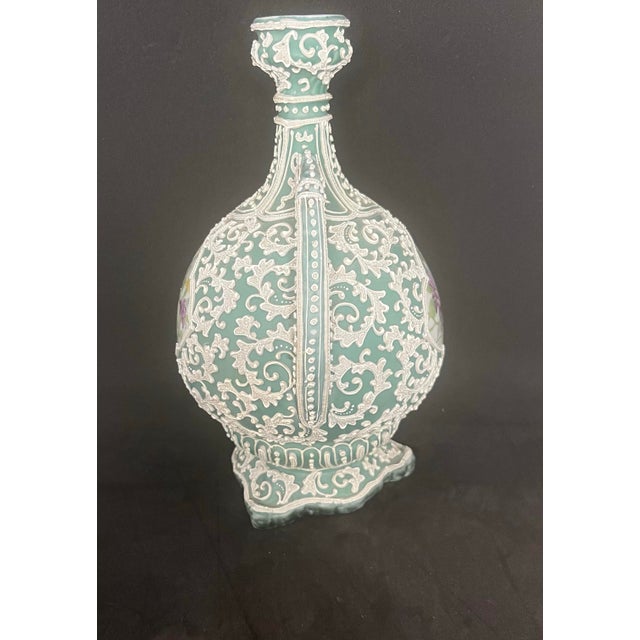 Lavender Japanese Moriage Double Handle Bottle Vase Hand Painted Floral Porcelain 10” For Sale - Image 8 of 11