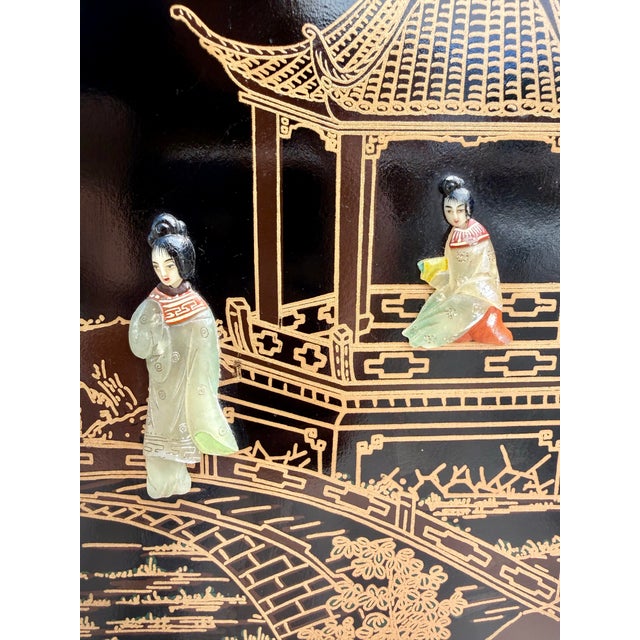 Wood Vintage Chinoiserie Black Lacquer Nightstand Cabinet With Carved Stone Figures For Sale - Image 7 of 13