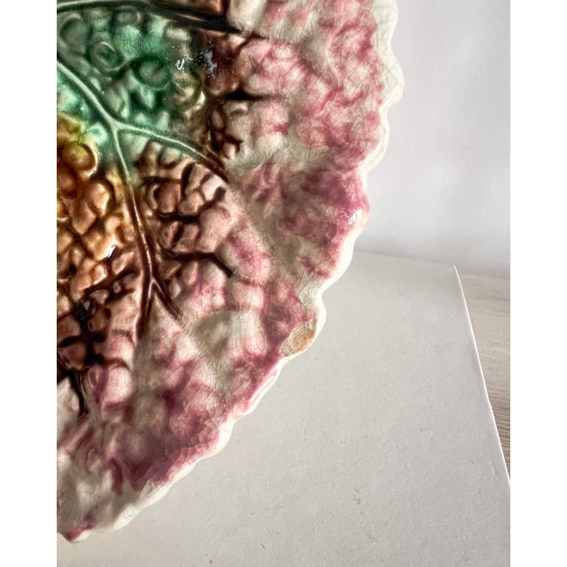 Traditional Antique Majolica Leaf-Form Dish – Rose, Cream & Moss Green Textured Ceramic Plate For Sale - Image 3 of 13
