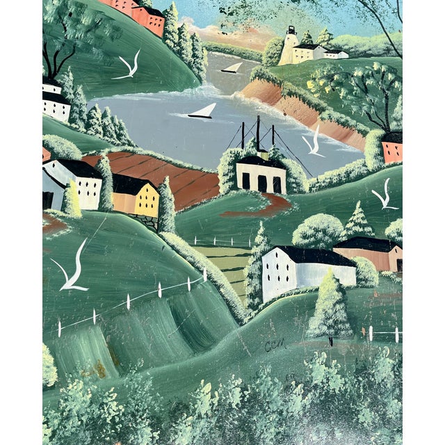 1990s Hand Painted Side Table Signed CCM Oil Painted Landscape of Mountain Village & Seascape For Sale - Image 5 of 9