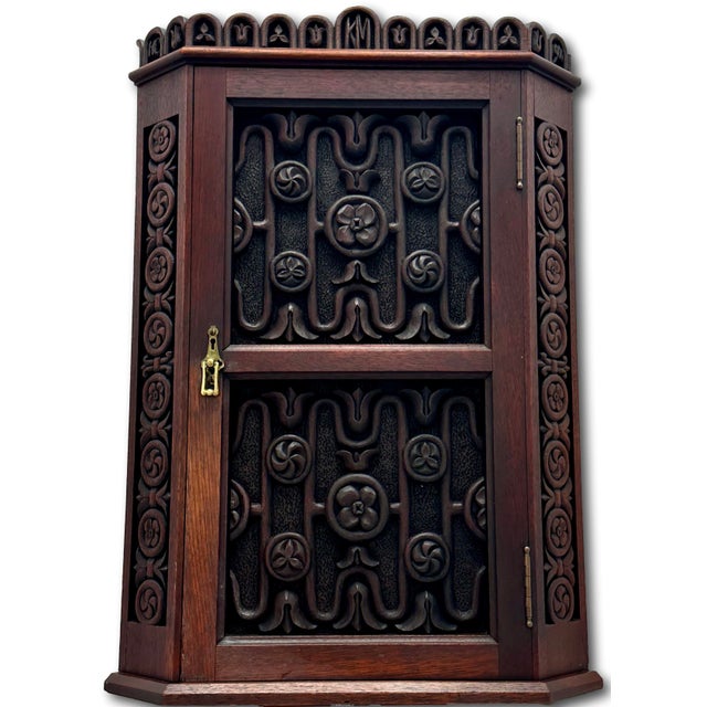 Outstanding Antique Beautifully Hand Carved Solid Mahogany Wall Hanging Corner Cabinet - Signed & Dated 1900 For Sale - Image 4 of 18