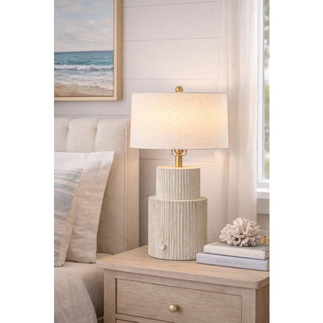 Coastal Fluted Column Table Lamp With Whitewashed Finish and 18” Linen Drum Shade, 27” H For Sale In Los Angeles - Image 6 of 6