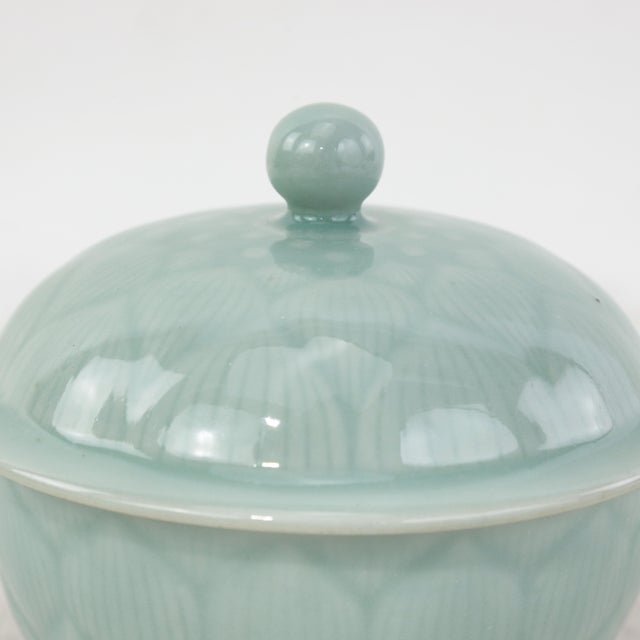 Vintage Chinese Celadon Green Lotus Flower Carved Porcelain Covered Bowl For Sale - Image 10 of 13