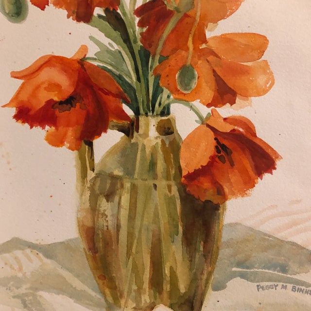 Impressionist Original Vintage Watercolor Poppy Still Life Painting Signed 1970’s For Sale - Image 3 of 8