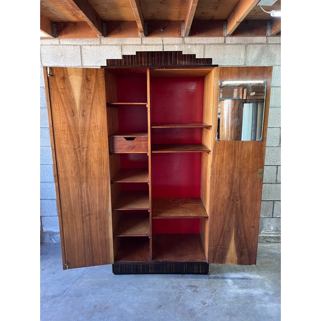 Exceptional Art Deco Petite Armoire in Bookmatched Flamed Walnut & Macassar Detailing For Sale - Image 9 of 15