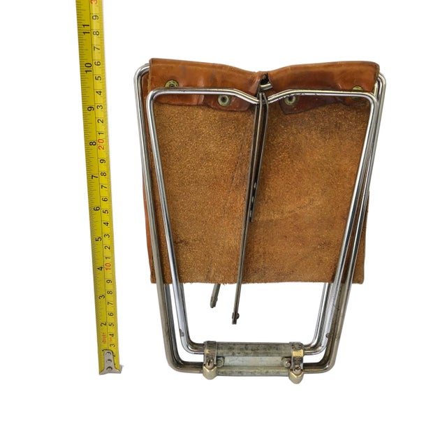 Metal Little Industrial Brown Leather & Metal Folding Portable Stool For Sale - Image 7 of 9