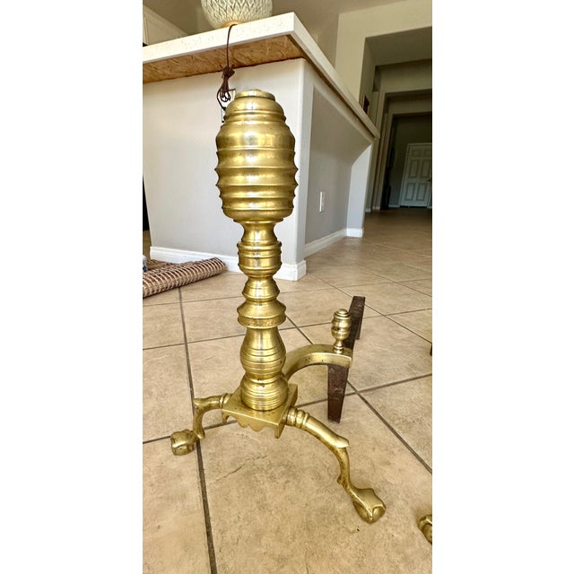 Pair Large Federal Beehive Ball Claw Brass Andirons For Sale - Image 10 of 18