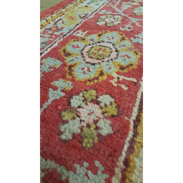 Antique Turkish Oushak Rug, Handmade Wool Oriental Rug in Coral and Lt Blue For Sale In New York - Image 6 of 17